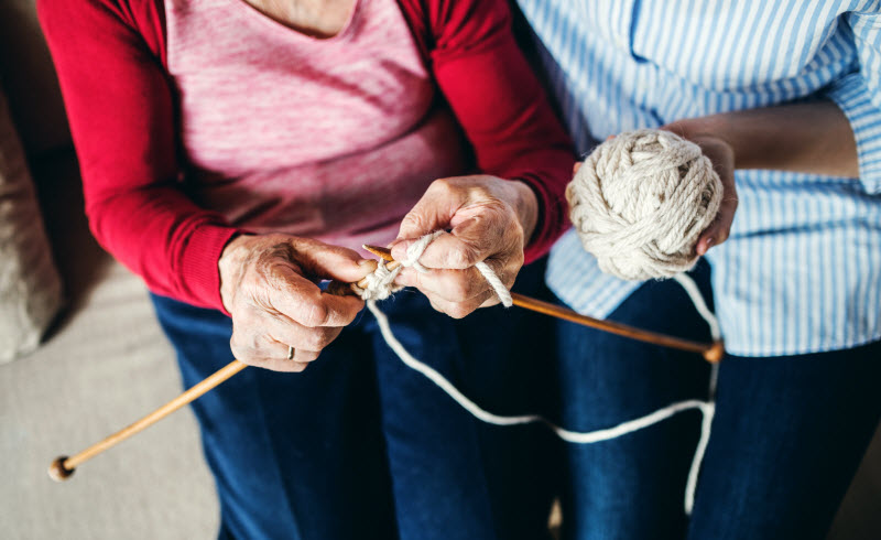 elderly grandmother and adult granddaughter at home, knitting